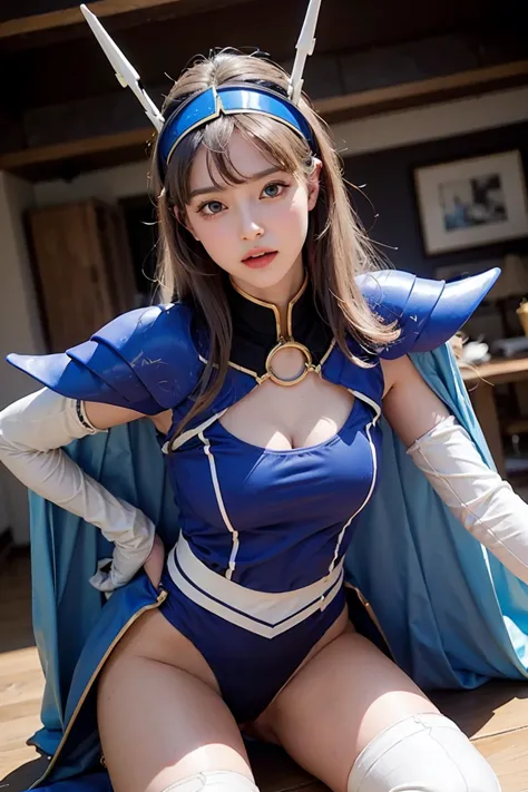 have sex,fantasy,1girl umi ryuzaki hairband headgear, blue armor、shoulder rest、blue cape、elbow pads、gloves、leotard、white knee so...