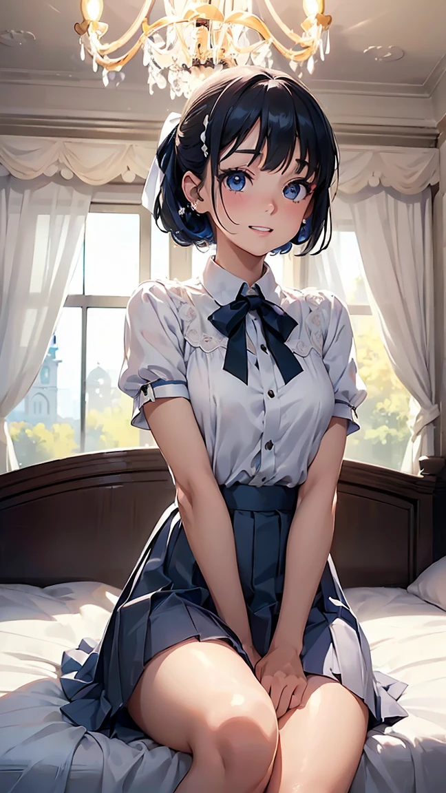 anna_yanami, skirt, blue eyes, blue hair, bow, shirt, ahoge, short sleeves, grey skirt, pleated skirt, school uniform,---(8K, raw, highest quality, real 1.2), ultra high quality, high resolution, highest quality, perfect face, perfect limbs, perfect fingers, high resolution, (beautiful anime face, cute face, detailed face), smile of joy, smiling expression, sitting on bed, cowboy shot, miniature human hand, (((medium bust 1.3))), (((thin thighs 1.3))), ((white walls bedroom 1.5)), ((white framed bed 1.5)), ((white ceiling bedroom 1.5)), ((divine light 1.5)), pure white chalk interior, pure white marble interior, ((Pure white bedroom like a Western castle: 1.5)), ((Luxurious pure white canopy bed: 1.4)), ((Chandelier: 1.4))), ((Pure white bed 1.5)), ((Beautifully decorated bedroom 1.5)), perfect anatomy, perfect proportions, nice lighting, bright colors, clean lines, information, blurred, stunning facial expression, restless emotions, gorgeous and cute, beautiful face and eyes in every detail, (masterpiece) beautiful face, young and handsome girl, really perfect skin, blurred, stunning facial expression, restless emotions, gorgeous and cute, beautiful face and eyes in every detail, (Audrey Hepburn), (cute), (J-POP idol), (thighs, (depth of field), (depth of field), soft light, glittering lens gaze, (droopy eyes), straight teeth, shy smile, flowing hair, a scene from Blake's movie,