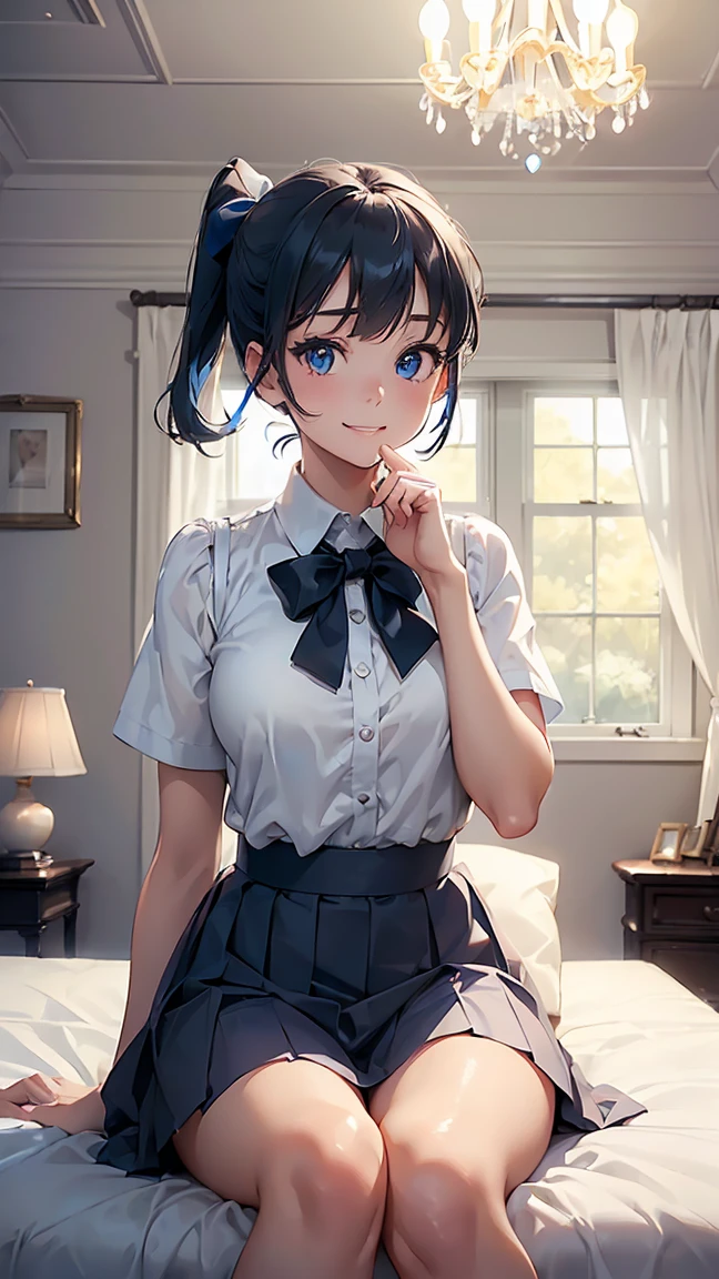 anna_yanami, skirt, blue eyes, blue hair, bow, shirt, ahoge, short sleeves, grey skirt, pleated skirt, school uniform,---(8K, raw, highest quality, real 1.2), ultra high quality, high resolution, highest quality, perfect face, perfect limbs, perfect fingers, high resolution, (beautiful anime face, cute face, detailed face), smile of joy, smiling expression, sitting on bed, cowboy shot, miniature human hand, (((medium bust 1.3))), (((thin thighs 1.3))), ((white walls bedroom 1.5)), ((white framed bed 1.5)), ((white ceiling bedroom 1.5)), ((divine light 1.5)), pure white chalk interior, pure white marble interior, ((Pure white bedroom like a Western castle: 1.5)), ((Luxurious pure white canopy bed: 1.4)), ((Chandelier: 1.4))), ((Pure white bed 1.5)), ((Beautifully decorated bedroom 1.5)), perfect anatomy, perfect proportions, nice lighting, bright colors, clean lines, information, blurred, stunning facial expression, restless emotions, gorgeous and cute, beautiful face and eyes in every detail, (masterpiece) beautiful face, young and handsome girl, really perfect skin, blurred, stunning facial expression, restless emotions, gorgeous and cute, beautiful face and eyes in every detail, (Audrey Hepburn), (cute), (J-POP idol), (thighs, (depth of field), (depth of field), soft light, glittering lens gaze, (droopy eyes), straight teeth, shy smile, flowing hair, a scene from Blake's movie,