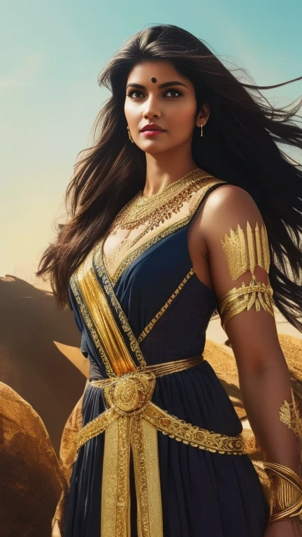 A beautiful Indian woman superhero, long dark hair, piercing eyes, high cheekbones, detailed facial features, intricate body armor with gold accents, holding a golden lasso, flying through the sky, dramatic lighting, cinematic composition, vibrant colors, epic fantasy, concept art style