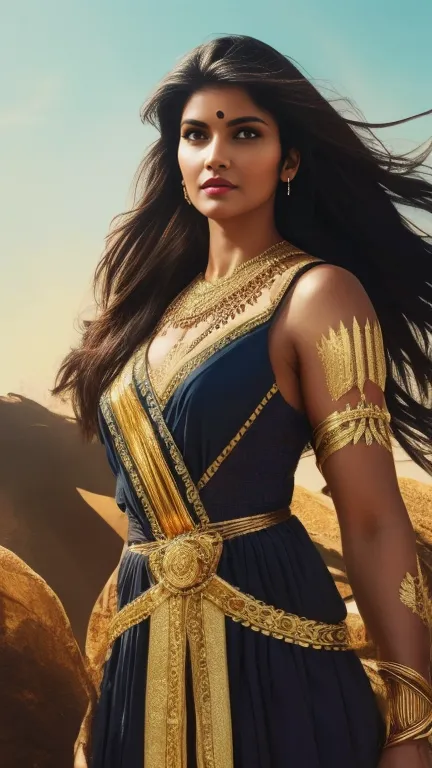 a beautiful indian woman superhero, long dark hair, piercing eyes, high cheekbones, detailed facial features, intricate body arm...