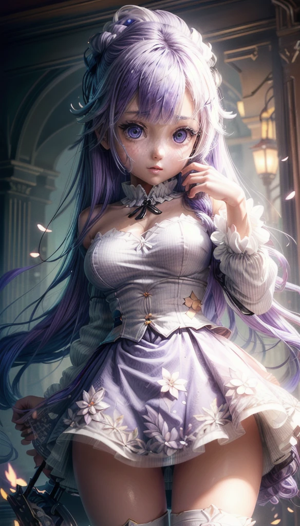 ((masterpiece)), (Best Quality), (ultra detailed), (grainy:0.7), (intricate detail, perfect anatomy, finely detailed, bloom, illustration, epic lighting, cinematographic composition:1.4), (unicorn_azur_lane:1.4), (beautiful and detailed  face:1.4), (cute and young loli:1.4), large breasts, slim legs, ,  body, naughty face, seductive smile, ligth purple hair, light purple eyes, white strapless dress, white thighhighs, standing, breasts focus,