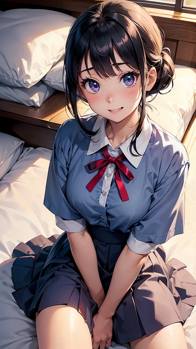 anna_yanami, skirt, blue eyes, blue hair, bow, shirt, ahoge, short sleeves, grey skirt, pleated skirt, school uniform,-- ((Top view 1.3))),((Lying down top view 1.3))), ((Lying on bed with legs spread wide))), (Wet genitals 1.2), (((Best smile 1.3))), (((Lying on back 1.3))), ((Lying on bed 1.3))), (Cute expression), ((Blushing and embarrassed expression 1.3)), Shibuya Kanon, Long hair, Bangs, (Purple eyes:1.1), Orange hair, Hair between eyes, Shirt, Dress, Ribbon, Uniform, Jacket, White shirt, Open clothes, Collared shirt, Open jacket, Red ribbon, Neck ribbon, Blue jacket, Apron dress, Grey dress, Yuigaoka School uniform, ---(8K, Raw, Best quality, Real 1.2), Ultra High Quality, High Resolution, Top Quality, Perfect Face, Perfect Limbs, Perfect Fingers, High Resolution, (Beautiful Anime Face, Cute Face, Detailed Face), (Bewildered: 1.3), (Shy: 1.3), (Slightly Surprised: 1.3), Lying on Bed, Cowboy Shot, Miniature Human Hands, ((Medium Bust 1.3)), ((Thin Thighs 1.3)), Pure White Chalk Interior, Pure White Marble Interior, ((Pure White Western Castle Bedroom 1.5)), ((Luxurious Pure White Canopy Bed 1.4)), ((Chandelier 1.4)), ((Pure White Bed 1.5)), ((Beautifully Decorated Bedroom 1.5)), ((Modern Style Bedroom 1.5 )), perfect anatomy, perfect proportions, nice lighting, bright colors, clean lines, information, blurred, stunning facial expressions, restless emotions, gorgeous and cute, beautiful face and eyes in every detail, (masterpiece) beautiful face, young and handsome girl, really perfect skin, blurred, facial expressions, restless emotions, gorgeous and cute, beautiful face and eyes in every detail, (Audrey Hepburn), (cute), (J-POP idol), (thighs, (depth of field), (depth of field), soft light, sparkling lens gaze, (droopy eyes), straight teeth, shy smile, fluttering hair,