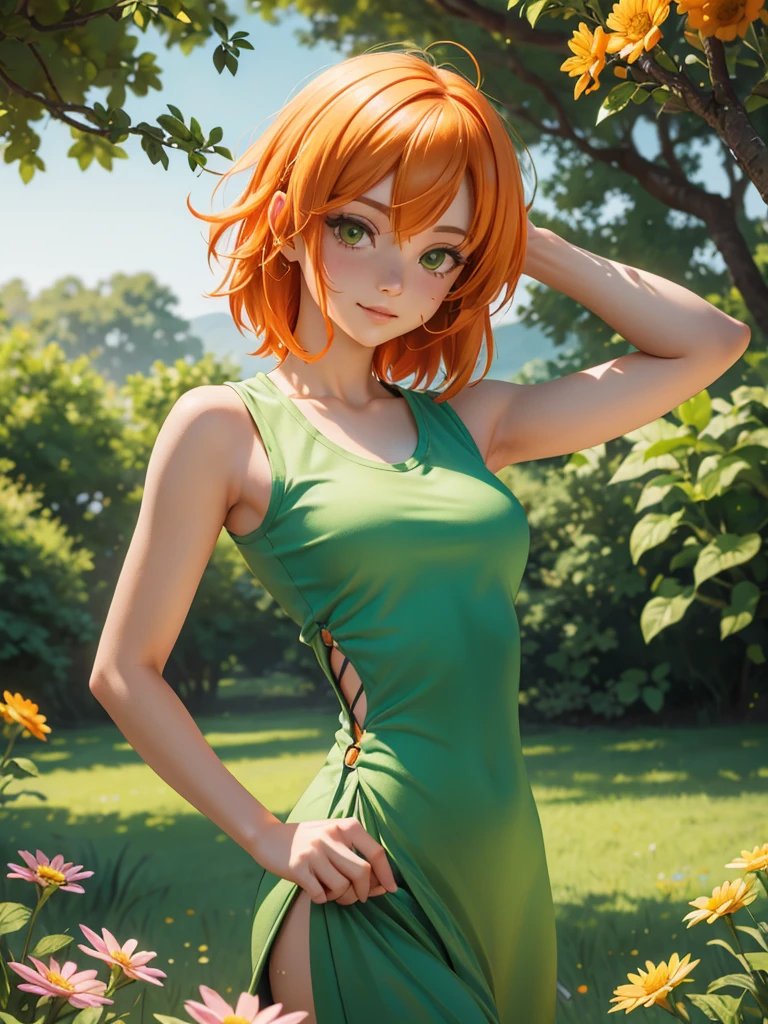 Nami in a green field, with the sunlight illuminating her face and her orange hair. She is in a relaxed pose, wearing a sleeveless top that highlights the detailed tattoo on her left arm. The tattoo should be the focus, showing every line and curve accurately. The background is a serene scenery with flowers and trees, complementing Nami&#39;s natural beauty, as the gentle breeze gently moves your clothes and hair