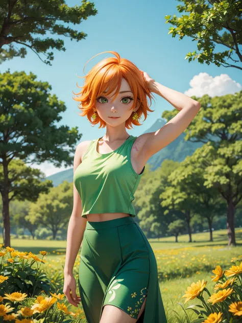 nami in a green field, with the sunlight illuminating her face and her orange hair. she is in a relaxed pose, wearing a sleevele...