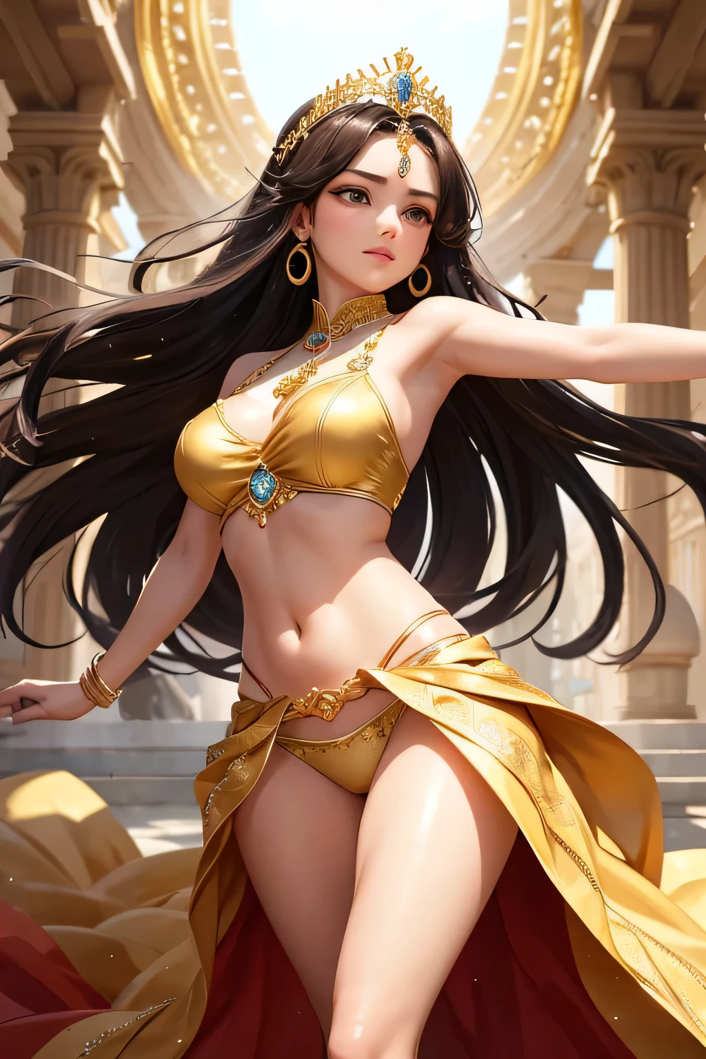 "A stunning Middle Eastern princess with dark brown, medium-length curly hair dances gracefully on a grand stage in the heart of Sheherazade Kingdom's capital city. The stage is set in a magnificent courtyard, surrounded by intricately designed arches and lush palm trees. The bright midday sun casts a warm glow over the scene, highlighting the princess's flowing silk costume adorned with gold embroidery and precious gems. Her movements are fluid and mesmerizing, as she performs a traditional dance that tells the stories of her ancestors. The crowd watches in awe, their colorful attire reflecting the vibrant culture of the kingdom. The entire scene is bathed in the golden hues of the sun, with the royal palace in the background, creating a breathtaking spectacle of elegance and tradition.",Upper body only,(((Panty shot)))