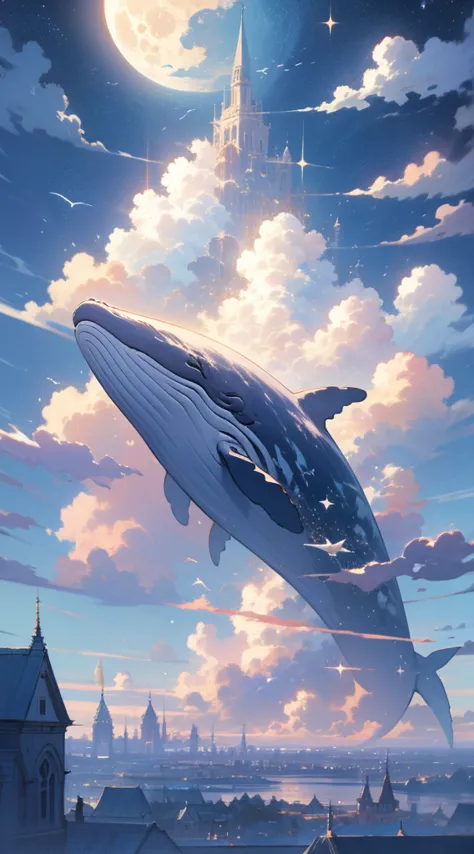 humpback, cloud,(building), sky, moon, star (sky), scenery, no humans, starry sky, night, fish, night sky, full moon, cloudy sky...