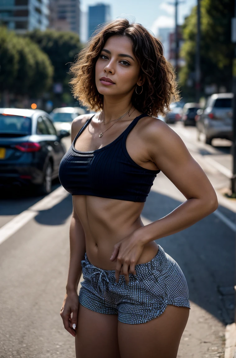 A Colombian mature curly haired busty lady standing in the middle of traffic looking up at the solar eclipse dressed in ripped booty shorts  and a checkered crop top tied in the front realistic 