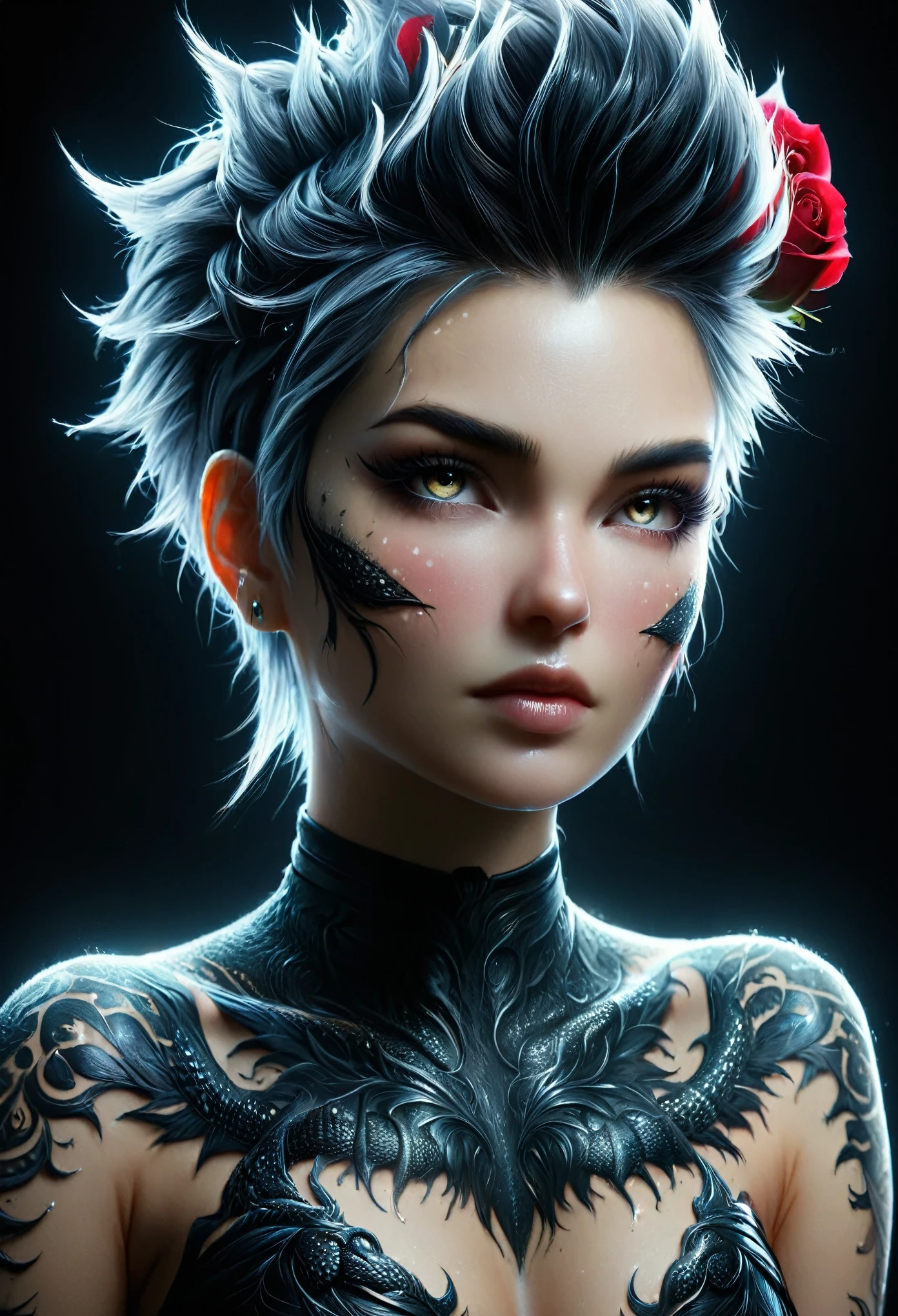 melhor qualidade, 4K, 8 mil, uma alta resolução, obra de arte , ultra detalhado , Costas de uma bela mulher punk com uma tatuagem de um dragão preto e rosas, corpo perfeito, cabelo moicano , photorealista , peças complexas , rosto muito detalhado, recursos faciais extremamente detalhados, hyper-realista skin texture, Textura de pele detalhada, obra de arte, 8 mil, olhos lindamente detalhados, lábios lindamente detalhados, rosto muito detalhado, cílios longos, realista, Muito detalhado, ótimo, photorealista, iluminação dramática, iluminação sombria, iluminação cinematográfica, Renderização Fisicamente Baseada, cores brilhantes, iluminação dramática, peças complexas, composição cinematográfica, moda gótica, pose dramática