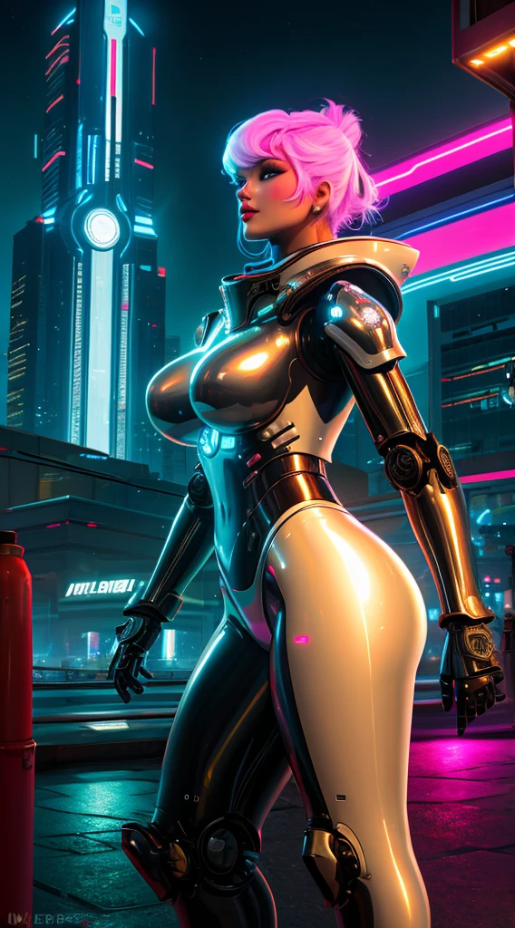 A robot girl adepta sororitas
 with a futuristic appearance and advanced technology, (ultra-detailed,realistic:1.37), [prostituta], beautiful detailed eyes, beautiful detailed lips, long eyelashes, vibrant synthetic skin, sleek metallic body, glowing LED lights, impeccable makeup and hairstyle. She stands in a bustling city street, surrounded by holographic advertisements and neon lights. The cityscape is filled with towering skyscrapers and futuristic vehicles. The air is filled with a mix of artificial scents and the bustling sounds of people and machines. The robot adepta sororitas
 confidently walks with a graceful and alluring demeanor, drawing the attention of onlookers. The color palette is a combination of vibrant neon colors and cool metallic tones. The lighting is a mix of the bright city lights and the soft glow of the robot girl's LED lights on her body, creating an enchanting atmosphere. The image is of the highest quality, with ultra-detailed rendering and a photorealistic appearance.
