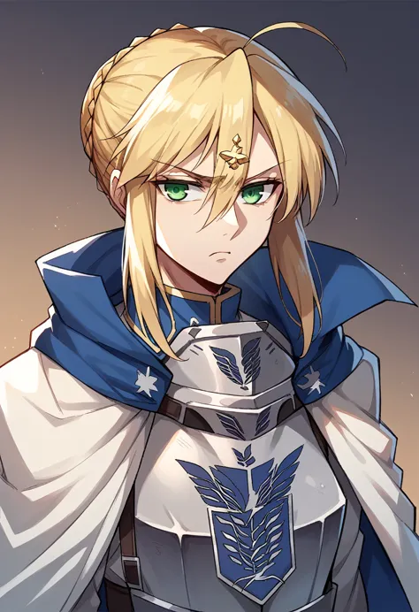 artoria pendragon woman in the shingeki no kyojin universe as an imposing and noble figure, with her signature blonde hair and g...