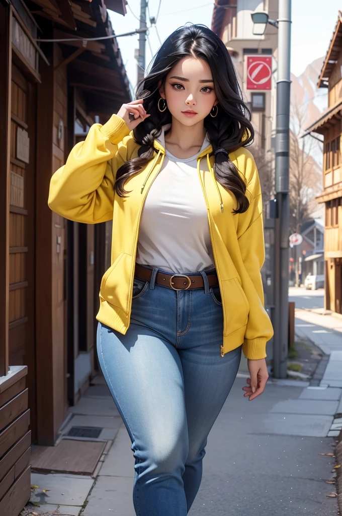 Beautiful sensual bbw woman with attractive body, long hair, forehead, french braid, The widest waist, fit the chest perfectly, Attractive highlighted loot, sparkling eyes, long eyelashes, thick thighs, strong calves, shy expression, Taniayushigar, she wears a hoodie, jeans, yellow belt, yellow sneakers, Take a walk in a mountain village, Looking at the old building, Winter's Evening, realistic, masterpiece, bokeh, volumetric lighting, Winter Season Atmosphere, Full body shot taken from the side