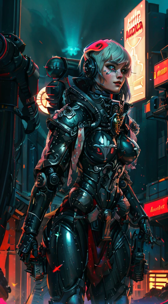 A robot girl adepta sororitas with a futuristic appearance and advanced technology, (ultra-detailed,realistic:1.37), [prostituta], beautiful detailed eyes, beautiful detailed lips, long eyelashes, eyepatch , vibrant synthetic skin, sleek metallic body, glowing LED lights, impeccable makeup and hairstyle. She stands in a bustling city street, surrounded by holographic advertisements and neon lights. The cityscape is filled with towering skyscrapers and futuristic vehicles. The air is filled with a mix of artificial scents and the bustling sounds of people and machines. The robot adepta sororitas confidently walks with a graceful and alluring demeanor, drawing the attention of onlookers. The color palette is a combination of vibrant neon colors and cool metallic tones. The lighting is a mix of the bright city lights and the soft glow of the robot girl's LED lights on her body, creating an enchanting atmosphere. The image is of the highest quality, with ultra-detailed rendering and a photorealistic appearance.
