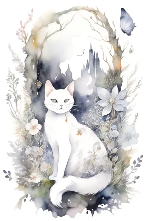 cat, biome made of moss, twigs, flowers, gems, crystals, light, wind, energy, hope, ultra high definition, glossy, a fae caught ...