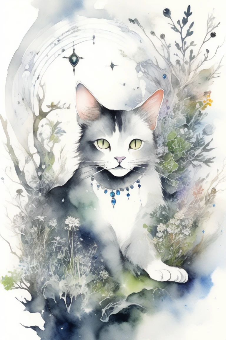 cat, biome made of moss, twigs, flowers, gems, crystals, light, wind, energy, hope, ultra high definition, glossy, a fae caught on camera in his biome, watercolor sketch in artistic style, large strokes, finalized with ink, fine lines, sketch artstyle, graycale, monochrome,