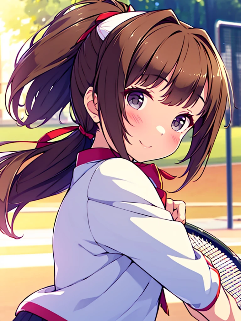 (premium、and 8K、32K、masterpiece、NffSW、super high resolution、Impressionism、photorealistic:1.2)、looking back、Whole body, tennis coat、Beautiful face、blurred background、beautiful 18 year old girl、shiny skin、two-tailed、beautiful brown hair、grey eyes、Tie your hair with a big red ribbon.、tennis uniforms、raise your arms、Smile with your mouth open、curve、holding a racket、Whole body