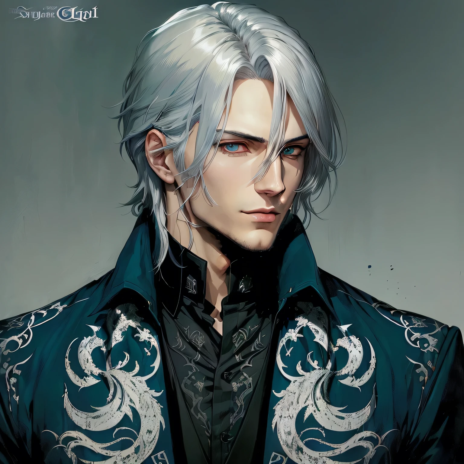 artwork style of a man with white hair and blue eyes, son of sparda, he has dark gray hair, portrait of thancred, vergilio, blessed waters, johan liebert mixed with alucard, blessed waters in style of wlop, johan liebert mixed with dante, shigenori soejima illustration, handsome anime man