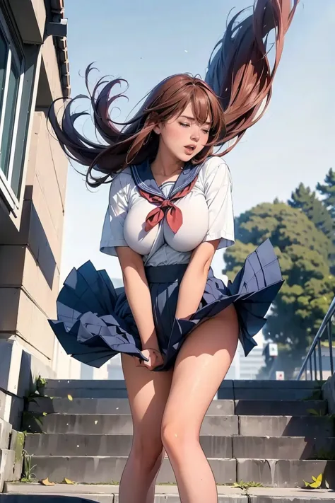 mini skirt,(((busty woman cosplay high school girl uniform))),(bending foward while standing)、japanese high school girl uniform,...