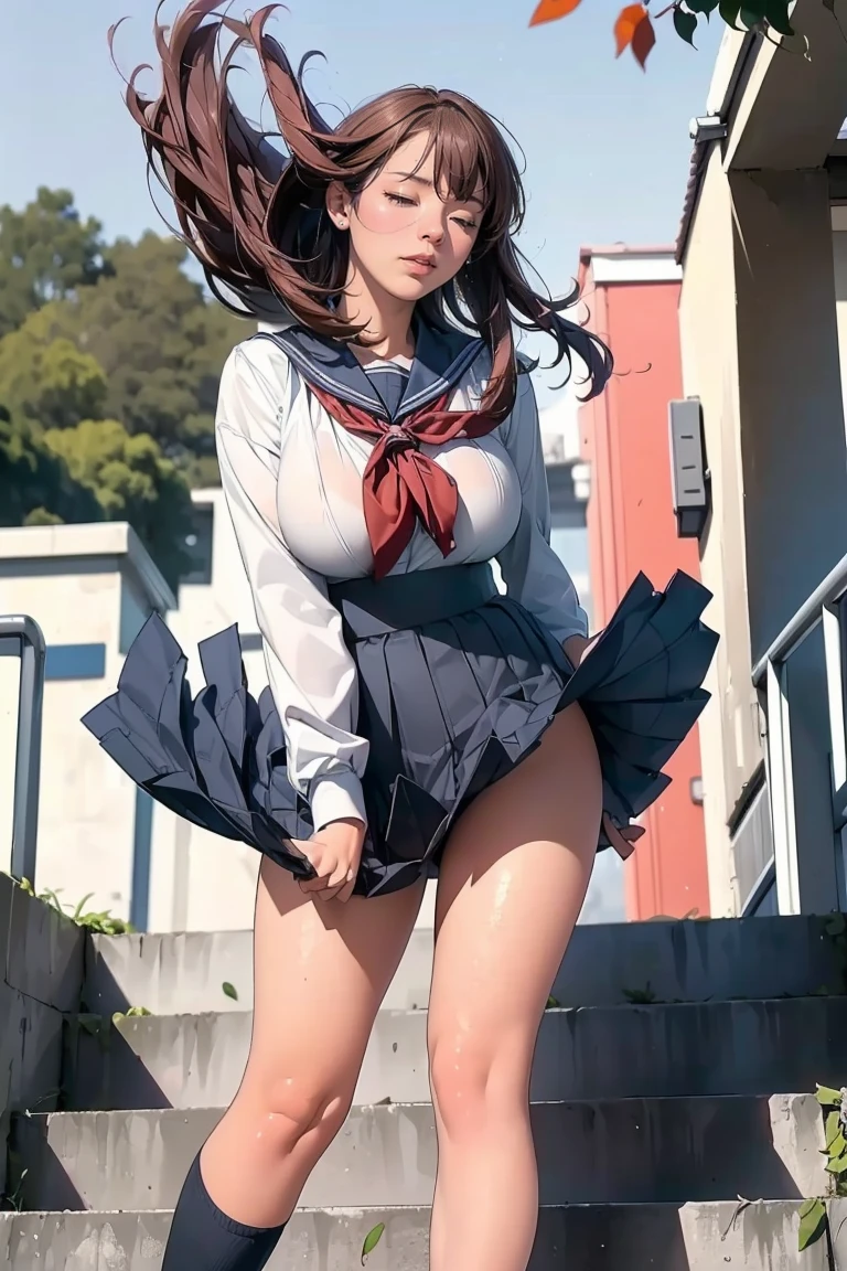 mini skirt,(((busty woman cosplay high school girl uniform))),(bending foward while standing)、japanese high school girl uniform,(((wind lifts skirt))),floating leaves,hands on crotch,holding floating skirt,thighs,being at the stairs top of outside、windy day,(focus on her crotch),low angle,shot from under side of stairs,(((eyes close)))