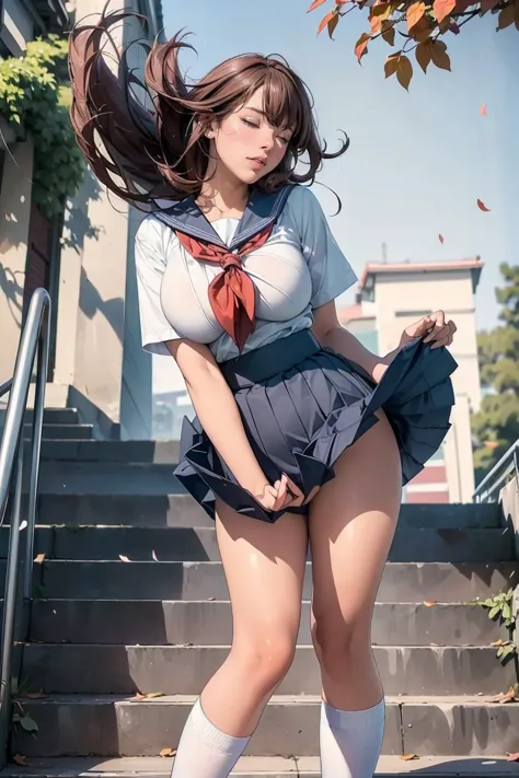 mini skirt,(((busty woman cosplay high school girl uniform))),(bending foward while standing)、japanese high school girl uniform,...