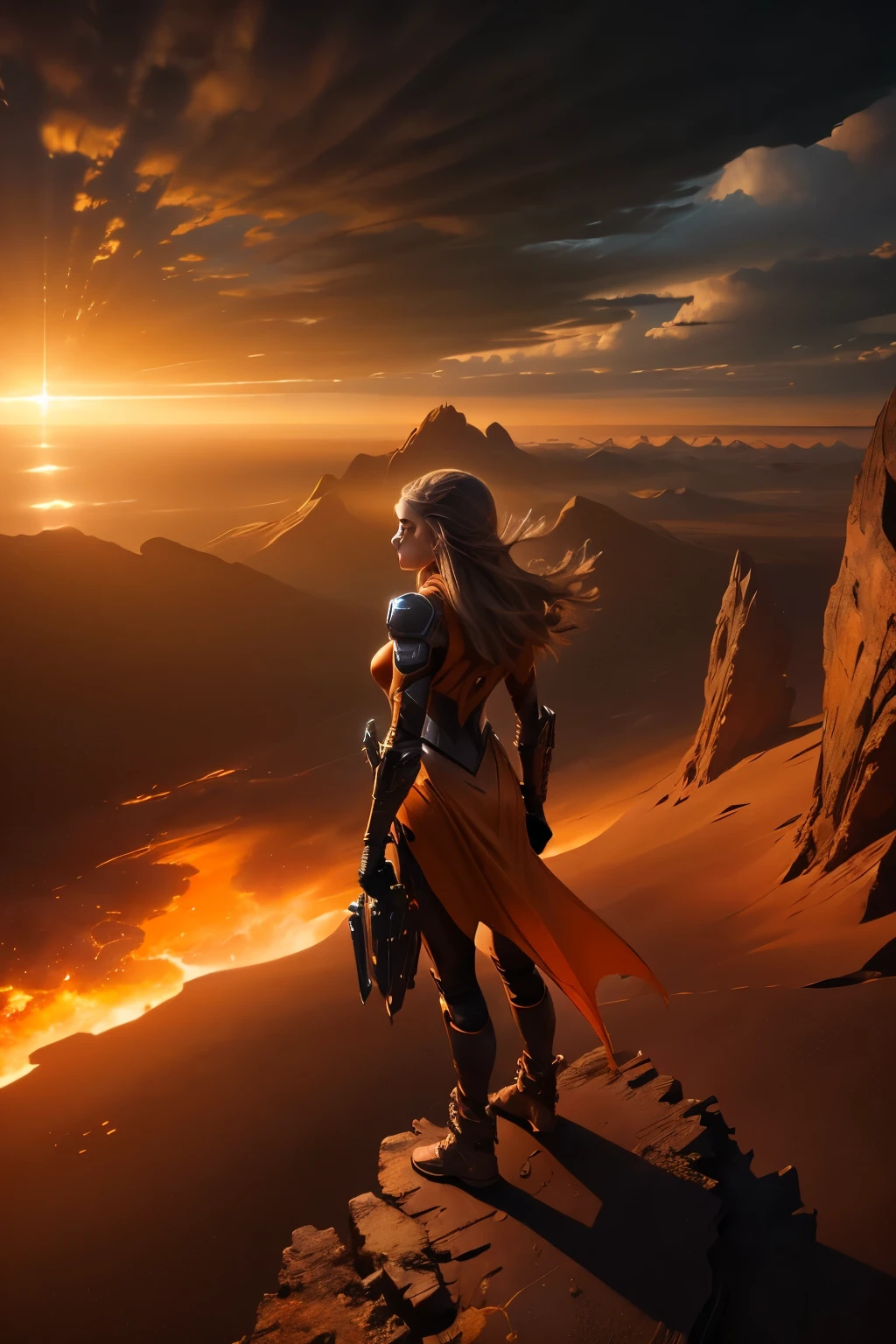 axe-spire dusty brown orange woman standing on the edge of horizon looking at the viewer, sci fi art style of the masters,