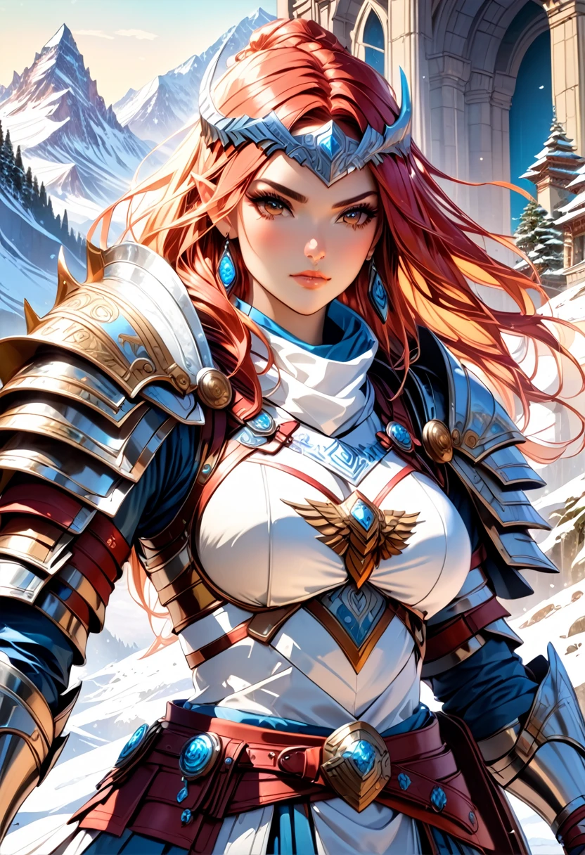 a fantasy art illustration of a female giant knight armed with a mighty axe standing at the temple gates built on snowy mountain, (((she is as tall as the mountain: 1.3))) a wild beautiful, exotic beautiful giant knight, ((anatomically correct: 1.5), (ultra detailed face: 1.2), best detailed face, dynamic hair color, dynamic hair style, armed with a giant axe, shiny axe, its blade reflects the sunlight, studded with gems, wearing metal armor, dynamic armor color, wearing high heeled boots, standing near a fantasy temple, magnificent temple, with a tower, on snowy mountain (((she is as tall as the mountain:1.3))), vibrant, Hyperrealism style, vibrant, Ultra-high resolution, High Contrast, (masterpiece:1.5), highest quality, Best aesthetics), best details, best quality, highres, ultra wide angle, 16k, [ultra detailed], masterpiece, best quality, (extremely detailed) RAW, rpg portrait