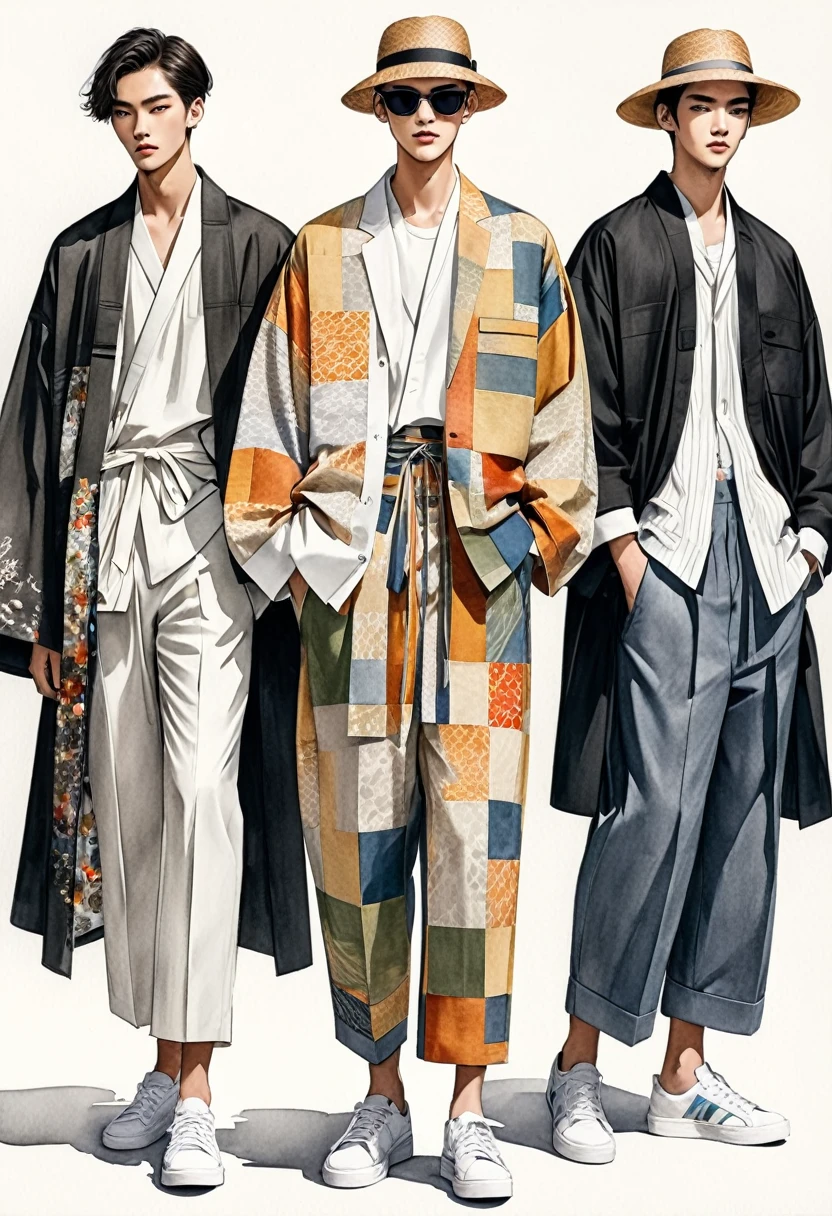 Illustration de mode spontanée d'un groupe de deux jeunes hommes, âgé de 18 à 2, grand et mince, Modèle mixte japonais et latino, ((Mise en avant de tenues élégantes inspirées de la collection printemps 2024 du créateur Dries Van Noten)), dans un style élégant et moderne ((Patchwork ou collage d'impressions écologiques et de tissus teints naturellement mélangés)), ton terreux, Le 1er homme porte une chemise surdimensionnée avec des détails de broderie et de dentelle, Pantalons assortis. Le deuxième homme le complète avec une chemise décorée de dentelle et un yukata surdimensionné, Motifs ethniques tissés, Assorti à un short à cordon rayé. (le tout complète le look avec des baskets blanches, Un accessoire avec un chapeau de paille, lunettes de soleil. capturé dans un ((image du corps entier)), pose de modèle simple, ((peinture aquarelle simple sur fond de papier blanc)), lignes de crayon réalistes, dessin imparfait, détail des lignes de charbon de bois, croquis qui s&#39;estompe, croquis de mode, vue en contre-plongée, (Image du corps entier), Dris Van Noten, Haute couture, Aquarelle douce,