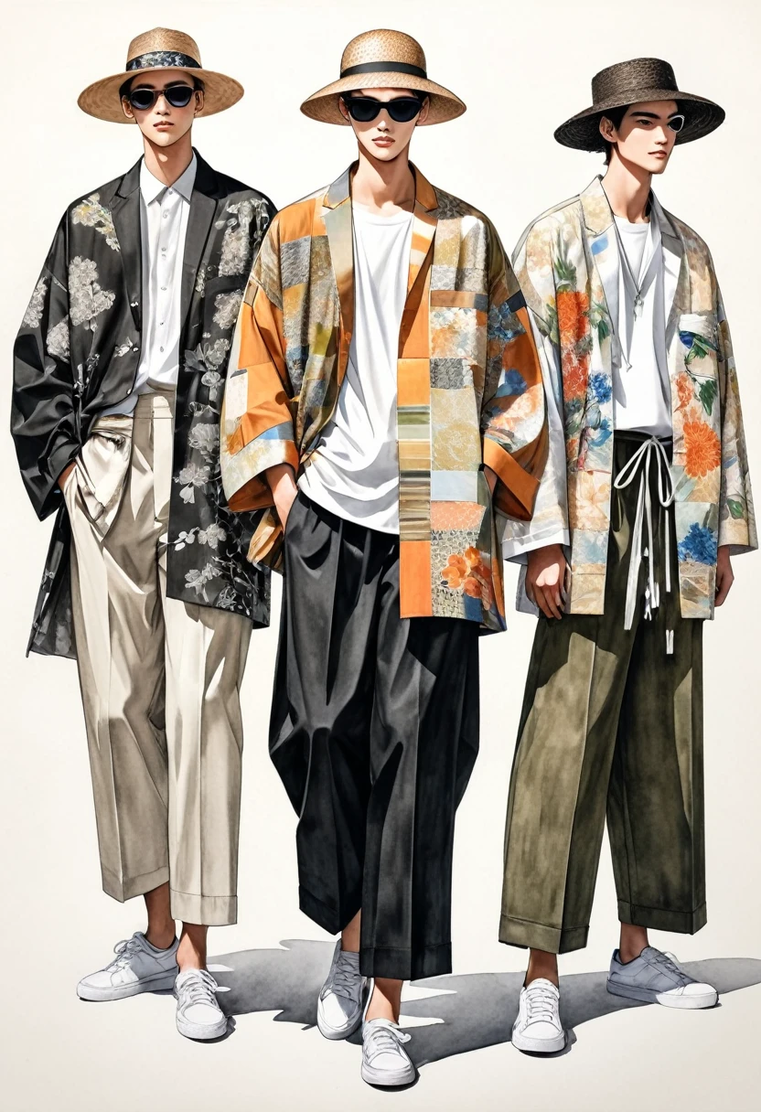 Illustration de mode spontanée d'un groupe de deux jeunes hommes, âgé de 18 à 2, grand et mince, Modèle mixte japonais et latino, ((Mise en avant de tenues élégantes inspirées de la collection printemps 2024 du créateur Dries Van Noten)), dans un style élégant et moderne ((Patchwork ou collage d'impressions écologiques et de tissus teints naturellement mélangés)), ton terreux, Le 1er homme porte une chemise surdimensionnée avec des détails de broderie et de dentelle, Pantalons assortis. Le deuxième homme le complète avec une chemise décorée de dentelle et un yukata surdimensionné, Motifs ethniques tissés, Assorti à un short à cordon rayé. (le tout complète le look avec des baskets blanches, Un accessoire avec un chapeau de paille, lunettes de soleil. capturé dans un ((image du corps entier)), pose de modèle simple, ((peinture aquarelle simple sur fond de papier blanc)), lignes de crayon réalistes, dessin imparfait, détail des lignes de charbon de bois, croquis qui s&#39;estompe, croquis de mode, vue en contre-plongée, (Image du corps entier), Dris Van Noten, Haute couture, Aquarelle douce,