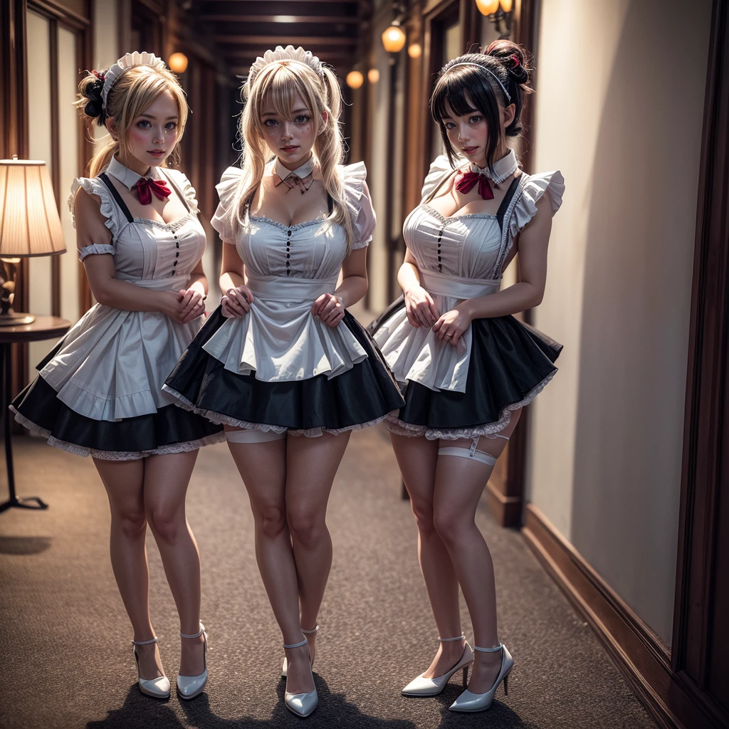 (Full Body of Extremely Detailed((Kawaii Maid Group in a row:1.37))), Cute perfect face, Reflective Eyes, Detailed(Delicate Clothing textures), Correct Leg Line, Dynamic Joyful Expressions LifeLike Rendering, Specular Reflection, TopQuality 8K Ultra-detailed masterpiece (ProfessionalPhoto:1.37), (Acutance:0.8), (Luminism:1.28), (Renaissance art style), Colorful Light particles, ((Full body from side)), {MicroMini Skirt|Kissing|Breast Lifting|Undressing|Thigh Gap|AssFocus}, Radiant Fine Skin with Transparency, (Exposed:0.5), (Different types of Anime hair color){Pink Hair|Blue Hair|Platinum Blonde|Pure White Hair|Liquid Hair}, Perfect Lighting