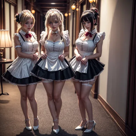 (full body of extremely detailed((kawaii maid group in a row:1.37))), cute perfect face, reflective eyes, detailed(delicate clot...