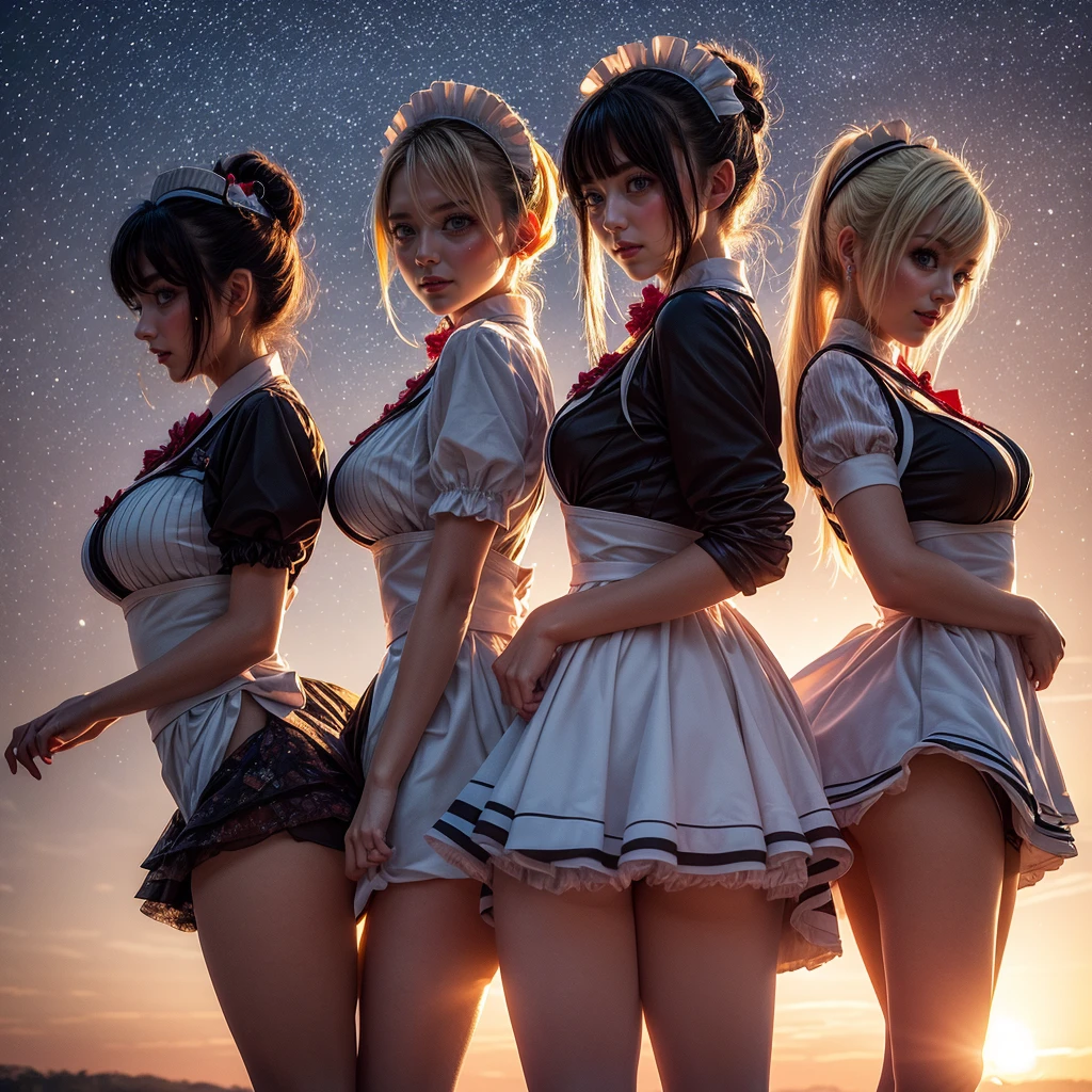 (Full Body of Extremely Detailed((Kawaii Maid Group in a row:1.37))), Cute perfect face, Reflective Eyes, Detailed(Delicate Clothing textures), Correct Leg Line, Dynamic Joyful Expressions LifeLike Rendering, Specular Reflection, TopQuality 8K Ultra-detailed masterpiece (ProfessionalPhoto:1.37), (Acutance:0.8), (Luminism:1.28), (Renaissance art style), Colorful Light particles, ((Full body from side)), {MicroMini Skirt|Kissing|Breast Lifting|Undressing|Thigh Gap|AssFocus}, Radiant Fine Skin with Transparency, (Exposed:0.5), (Different types of Anime hair color){Pink Hair|Blue Hair|Platinum Blonde|Pure White Hair|Liquid Hair}, Perfect Lighting