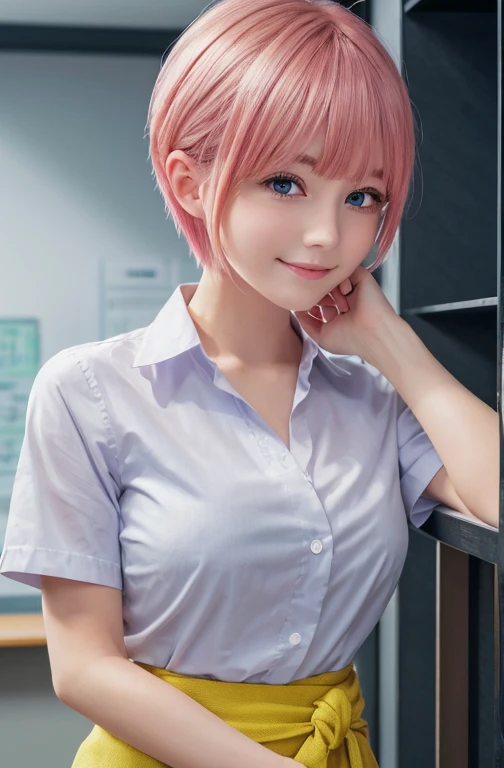 Highest quality, 8k, Ultra-detailed, Photorealistic, ichikanakano, Nakano Ichika, short hair, bangs, blue eyes, Hair between the eyes, Pink Hair, Shirt Formal, school uniform, Short sleeve, socks, (White shirt:1.3), Green pleated skirt, Black jacket, loafers, wrap the yellow sweater around your waist, Highest quality, High resolution, unity 8k wallpaper, (Beautiful attention to detail:1.4), Highly detailed face, Perfect lighting, (Perfect hands, Perfect Anatomy), Extreme close up, School classroom background, The best smile, Hunchback, The Face of Japan, 