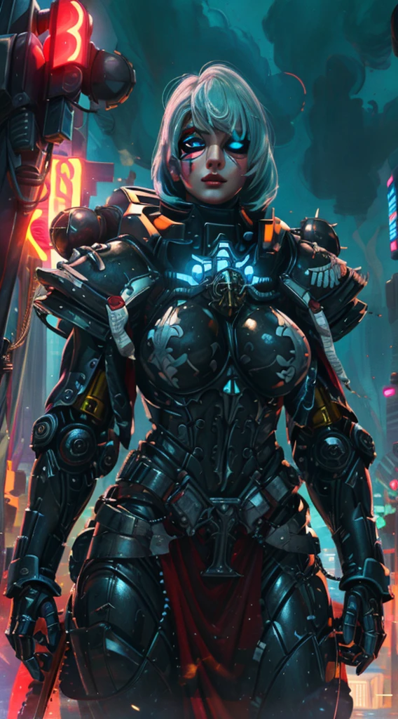 A robot girl adepta sororitas with a futuristic appearance and advanced technology, (ultra-detailed,realistic:1.37), [prostituta], beautiful detailed eyes, beautiful detailed lips, long eyelashes, eyepatch , vibrant synthetic skin, sleek metallic body, glowing LED lights, impeccable makeup and hairstyle. She stands in a bustling city street, surrounded by holographic advertisements and neon lights. The cityscape is filled with towering skyscrapers and futuristic vehicles. The air is filled with a mix of artificial scents and the bustling sounds of people and machines. The robot adepta sororitas confidently walks with a graceful and alluring demeanor, drawing the attention of onlookers. The color palette is a combination of vibrant neon colors and cool metallic tones. The lighting is a mix of the bright city lights and the soft glow of the robot girl's LED lights on her body, creating an enchanting atmosphere. The image is of the highest quality, with ultra-detailed rendering and a photorealistic appearance.
