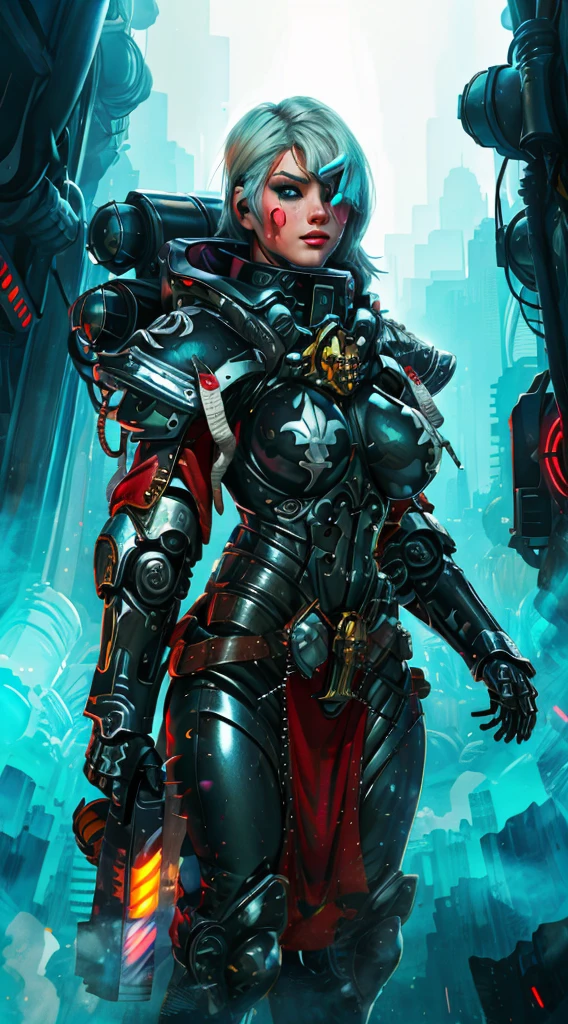 A robot girl adepta sororitas with a futuristic appearance and advanced technology, (ultra-detailed,realistic:1.37), [prostituta], beautiful detailed eyes, beautiful detailed lips, long eyelashes, eyepatch , vibrant synthetic skin, sleek metallic body, glowing LED lights, impeccable makeup and hairstyle. She stands in a bustling city street, surrounded by holographic advertisements and neon lights. The cityscape is filled with towering skyscrapers and futuristic vehicles. The air is filled with a mix of artificial scents and the bustling sounds of people and machines. The robot adepta sororitas confidently walks with a graceful and alluring demeanor, drawing the attention of onlookers. The color palette is a combination of vibrant neon colors and cool metallic tones. The lighting is a mix of the bright city lights and the soft glow of the robot girl's LED lights on her body, creating an enchanting atmosphere. The image is of the highest quality, with ultra-detailed rendering and a photorealistic appearance.
