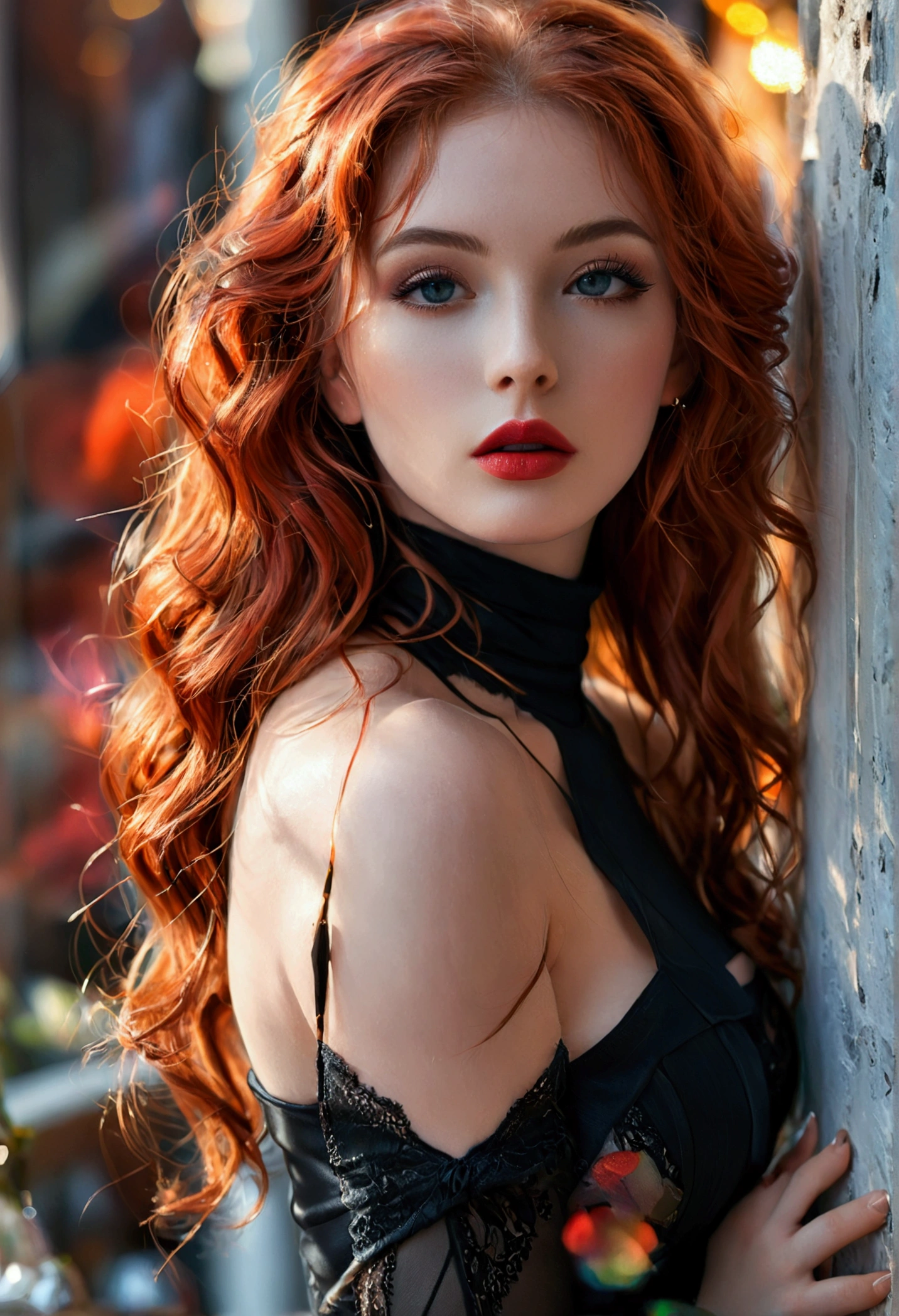 ultra realistic, photography, long red hair, girl, 24 years old, hourglass figure, perfect body, natural medium breasts, Flirty look, extremely detailed artgerm, in the style artgerm, facing the camera, lens 35 mm, blur background, masterpiece, super detailed, detailed face, beautiful eyes, detailed eyeshadow, lip details, red lipstick, full body, wavy hair, Wearing a black sheath dress, turtleneck, revealing legs, sexy legs, Wearing ultra-realistic pantyhose、