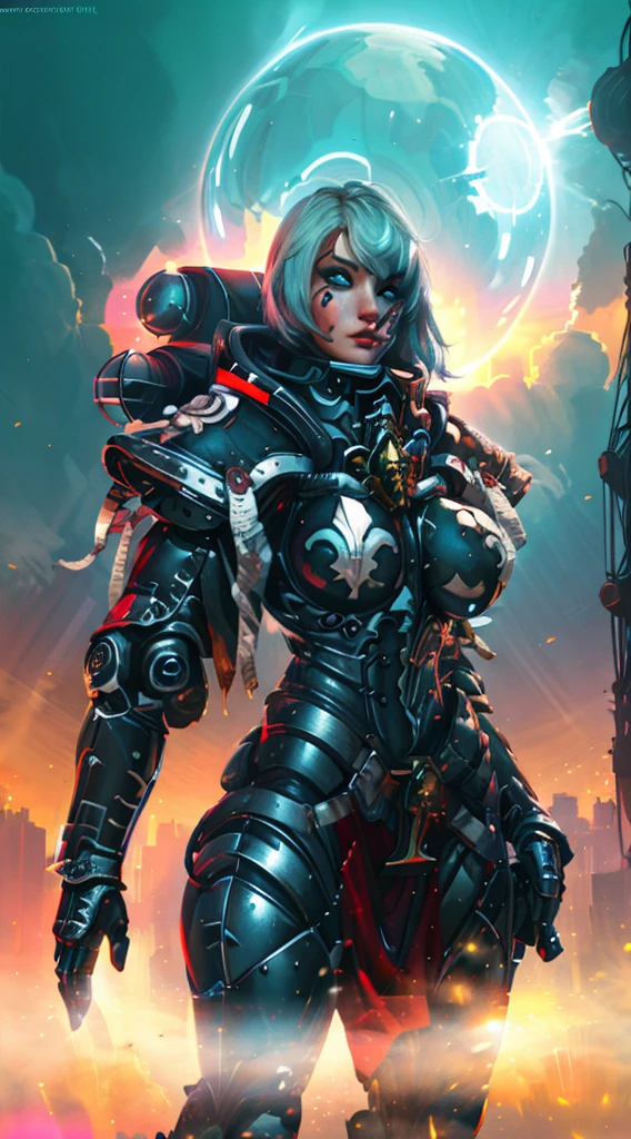 A robot girl adepta sororitas with a futuristic appearance and advanced technology, (ultra-detailed,realistic:1.37), [prostituta], beautiful detailed eyes, beautiful detailed lips, long eyelashes, eyepatch , vibrant synthetic skin, sleek metallic body, glowing LED lights, impeccable makeup and hairstyle. She stands in a bustling city street, surrounded by holographic advertisements and neon lights. The cityscape is filled with towering skyscrapers and futuristic vehicles. The air is filled with a mix of artificial scents and the bustling sounds of people and machines. The robot adepta sororitas confidently walks with a graceful and alluring demeanor, drawing the attention of onlookers. The color palette is a combination of vibrant neon colors and cool metallic tones. The lighting is a mix of the bright city lights and the soft glow of the robot girl's LED lights on her body, creating an enchanting atmosphere. The image is of the highest quality, with ultra-detailed rendering and a photorealistic appearance.
