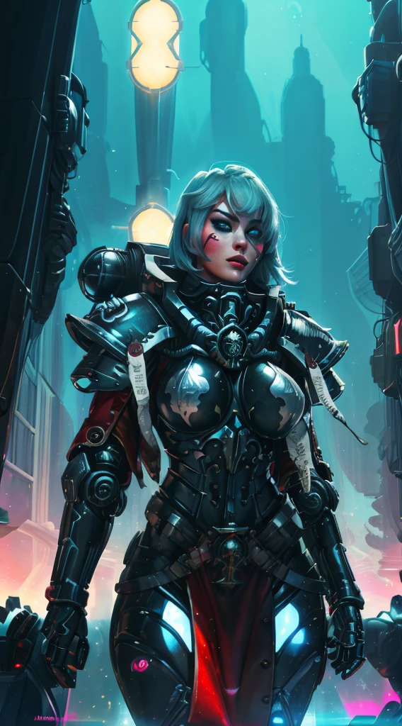 A robot girl adepta sororitas with a futuristic appearance and advanced technology, (ultra-detailed,realistic:1.37), [prostituta], beautiful detailed eyes, beautiful detailed lips, long eyelashes, eyepatch , vibrant synthetic skin, sleek metallic body, glowing LED lights, impeccable makeup and hairstyle. She stands in a bustling city street, surrounded by holographic advertisements and neon lights. The cityscape is filled with towering skyscrapers and futuristic vehicles. The air is filled with a mix of artificial scents and the bustling sounds of people and machines. The robot adepta sororitas confidently walks with a graceful and alluring demeanor, drawing the attention of onlookers. The color palette is a combination of vibrant neon colors and cool metallic tones. The lighting is a mix of the bright city lights and the soft glow of the robot girl's LED lights on her body, creating an enchanting atmosphere. The image is of the highest quality, with ultra-detailed rendering and a photorealistic appearance.
