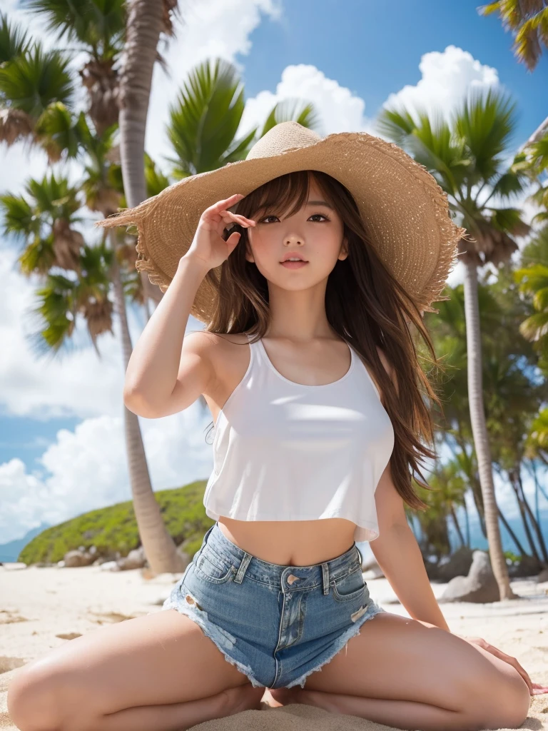 masterpiece,Highest quality,1 girl,Cowboy Shot,Front view,Young and cute Japanese,A small smile,((Shade of palm trees on a tropical beach:1.5)),((Stylish and sexy white tank top:1.5)),wear,((Ultra short micro denim mini skirt:1.5)),wear,No underwear,Very cute face,Baby Face,Glossy Lips,Big brown eyes,Double eyelids on both eyes,(Natural Makeup),Fluttering in the wind,Glossy and smooth((Light brown long hair:1.5)),Asymmetrical bangs,Center image,8k resolution,Attention to detail,Detailed hairstyle,Detailed face,Cinema Lighting,Octane Rendering,Ultra-realistic,Perfect limbs,Beautiful legs,Voluptuous thighs,Huge breasts,(Glowing Skin,Sweaty:1.3)Perfect Anatomy,Spread your legs,((Provocative dynamic pose:1.5)),Skirt flip(no panties:1.5),nsfw,(spread pussy:1.5)