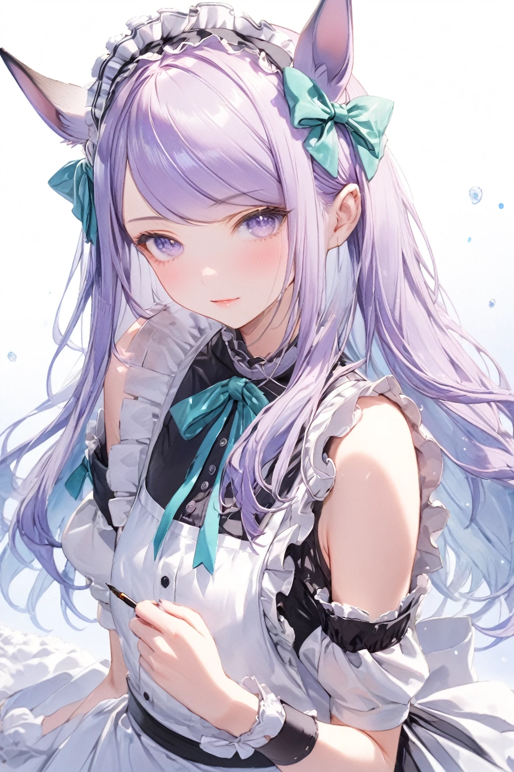 (8K, Highest quality, masterpiece:1.2),(Highest quality:1.0), (Ultra-high resolution:1.0), watercolor, 1girl,solo,(mejiro mcqueen \(umamusume\)),(((hair covers ears))),maid's outfit,cold shoulder, Very bright and luminous design, pastel colour, (ink:1.3),