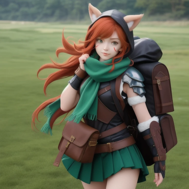 grass, sky, field, League of Legends, 1 girl, elf, druid, animal ears, bandage legs, Long legs, bandage, bandage, bird legs, Bird skull, e.g, Shut up, ears behind the headdress, eyes visible through hair, Face drawings, feathers, Hood, Hooded e.g, long hair, hazel green eyes, ginger, Red hair, multicolored hair, armor, blue scarf, scarf, scarf, scarf long hair, Hooded scarf, green clothes, green skirt,  long skirt, leather armor, nose ring, nostrils, backpack