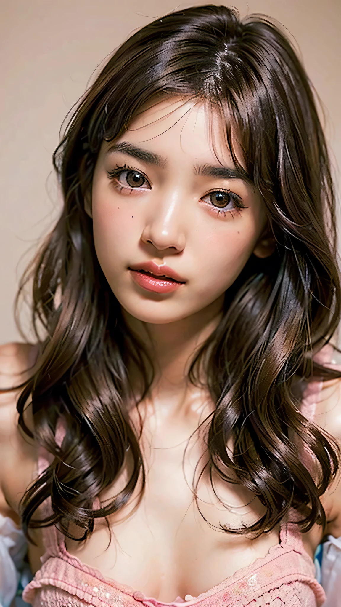 ((NSFW)), beautiful girl, ((brown eyes)), (18 year old teenage girl), light brown hair color, ((big tits)), lips, realistic, (slim face), ((skinny)), charming, pink lipstick, colorful makeup, long eyelashes, wearing eyeliner, fair skin, (cute), (detailed face), detailed eyes, detailed iris, complete naked,