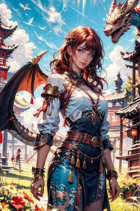 masterpiece, concept art, cowboy shot, centered, 1girl, kawaii dragon knight, dragon wings, red hair, violet eye, wavy long hair...