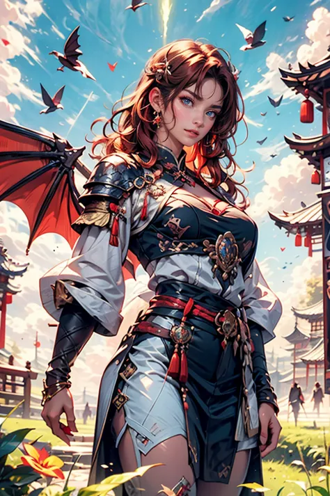 masterpiece, concept art, cowboy shot, centered, 1girl, kawaii dragon knight, dragon wings, red hair, violet eye, wavy long hair...