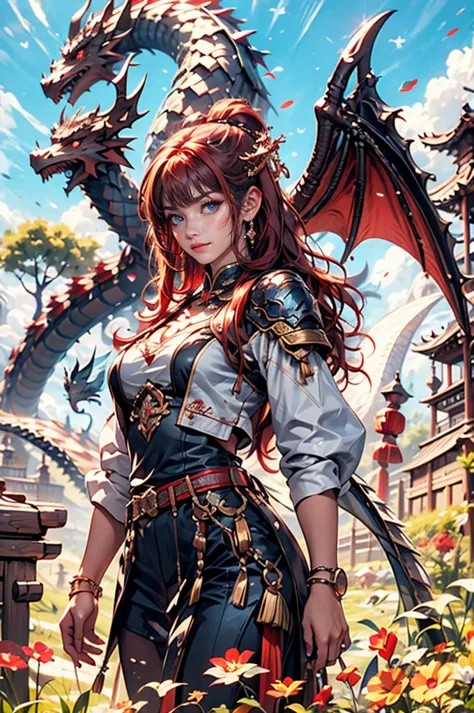 masterpiece, concept art, cowboy shot, centered, 1girl, kawaii dragon knight, dragon wings, red hair, violet eye, wavy long hair...