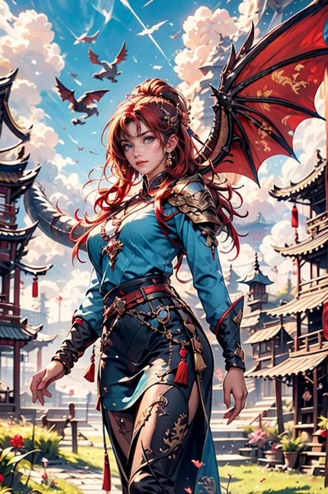 masterpiece, concept art, cowboy shot, centered, 1girl, kawaii dragon knight, dragon wings, red hair, violet eye, wavy long hair...