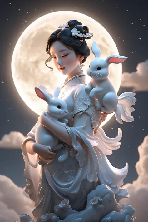 sculpture out, realism：1 girl, holding a rabbit in his arms，pure skin, cheongsam, movie lighting, full moon, cloud, night, moonl...