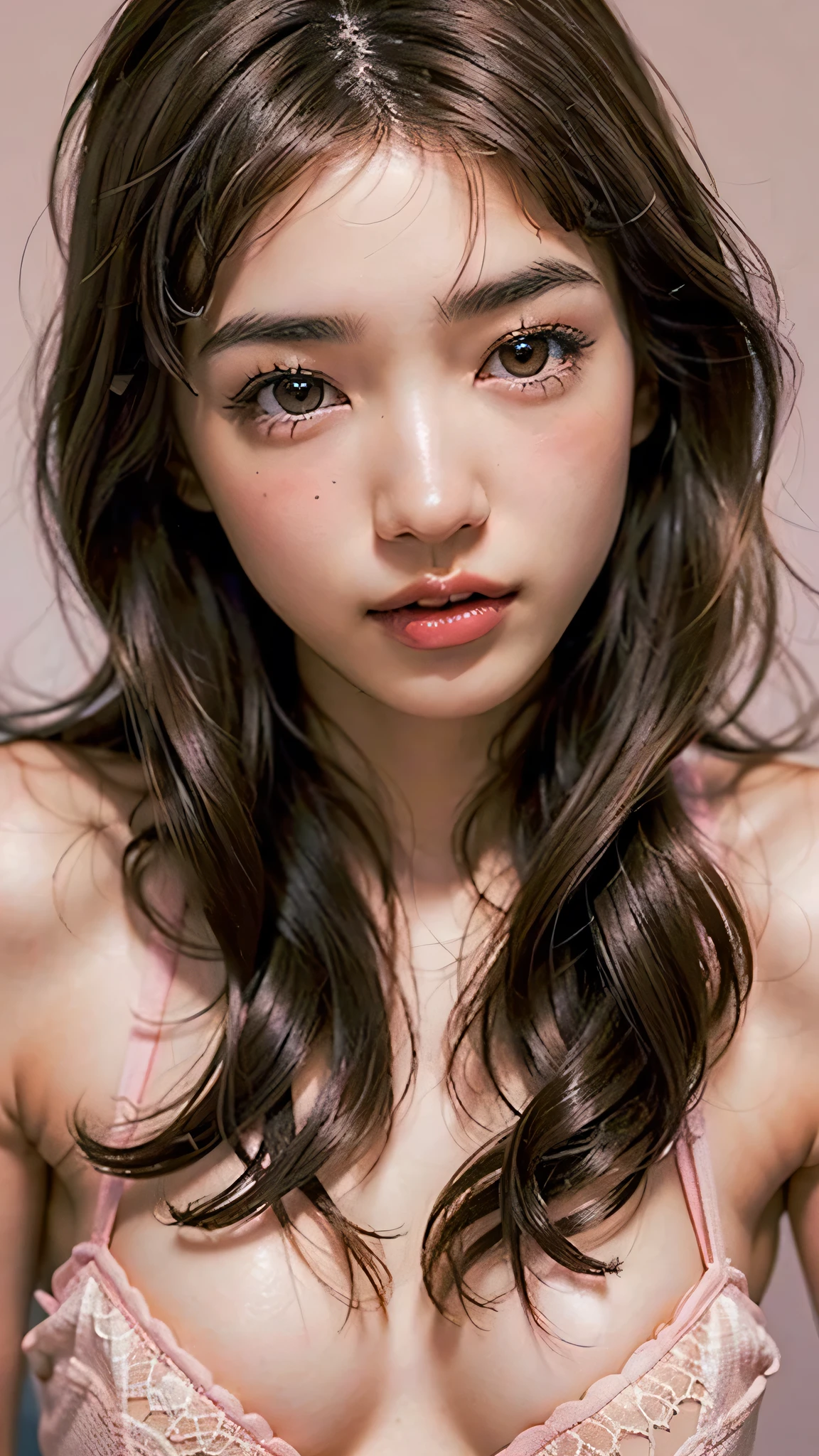 ((NSFW)), beautiful girl, ((brown eyes)), (18 year old teenage girl), light brown hair color, ((big tits)), lips, realistic, (slim face), ((skinny)), charming, pink lipstick, colorful makeup, long eyelashes, wearing eyeliner, fair skin, (cute), (detailed face), detailed eyes, detailed iris, complete naked,