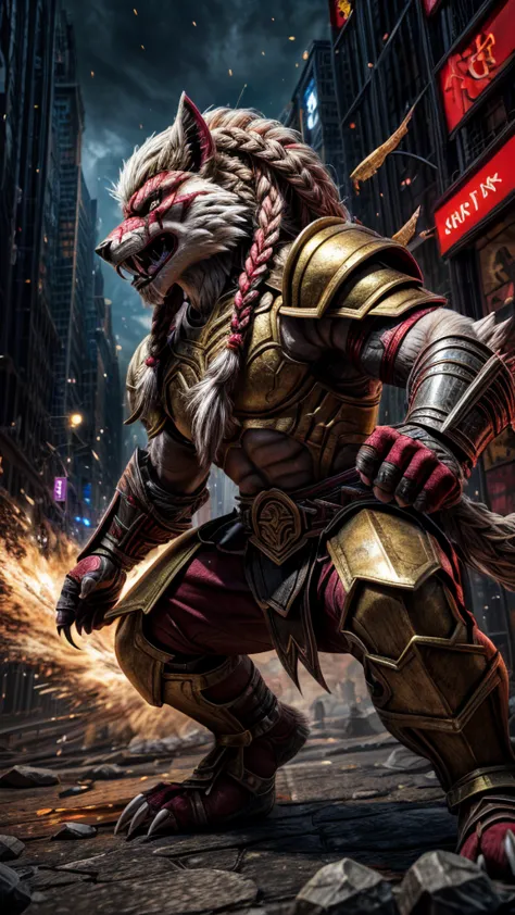 battlebeast2023, warrior, white fur, braids, armor, claws, fangs, red and gold belt, black gloves, new york city, covered in blo...