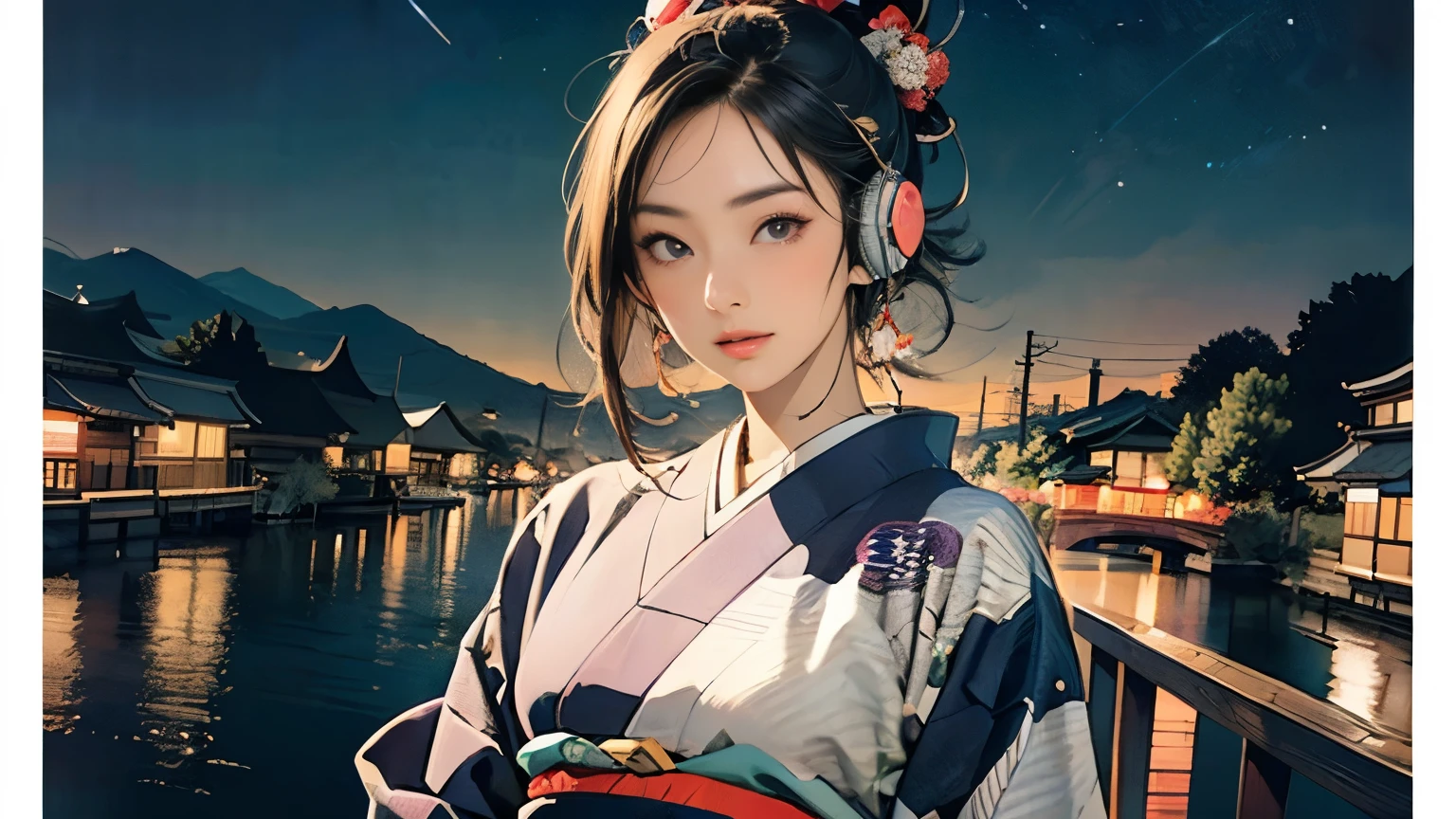 (Highest quality, 8k, masterpiece, High resolution), (whole body), Vibrant colors, Brown-black bob, Traditional topknot, Ample breasts, (Detailed face, Beautiful Face, Beautiful Eyes, Beautiful nose, Pretty lips), Official artwork, Ukiyo-e style, (Beautiful woman in kimono), (Vivid floral patterned kimono), background, river, bridge, Mountain, ((night, Starry Sky)), plum, ((headphones, wearing headphones)),