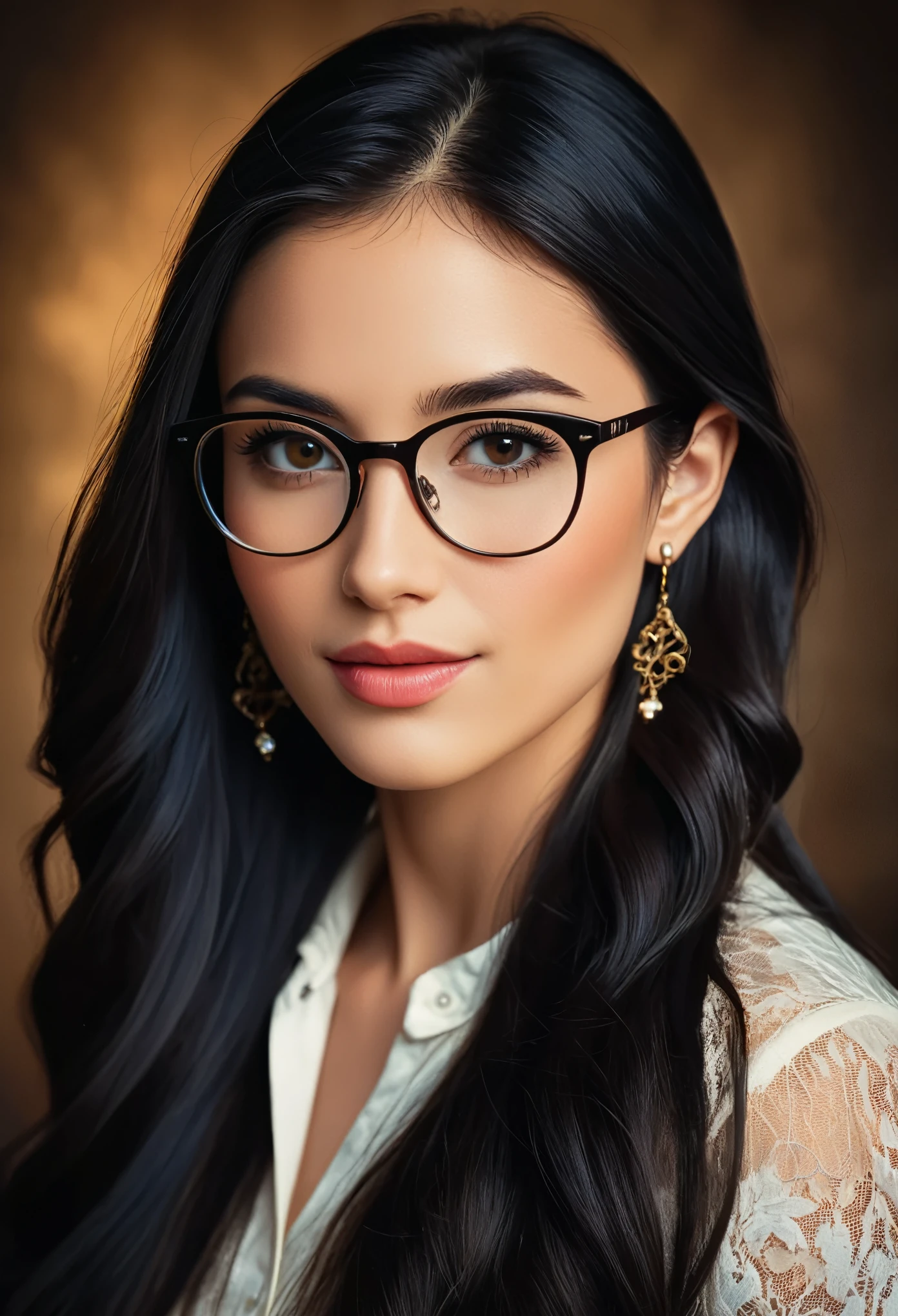 a beautiful young woman with long black hair, wearing glasses and vintage stud earrings, a feminine and dark style portrait, 8K resolution, masterpiece, best quality, extremely detailed, high saturation, best shadows, best lighting, highly refined toning